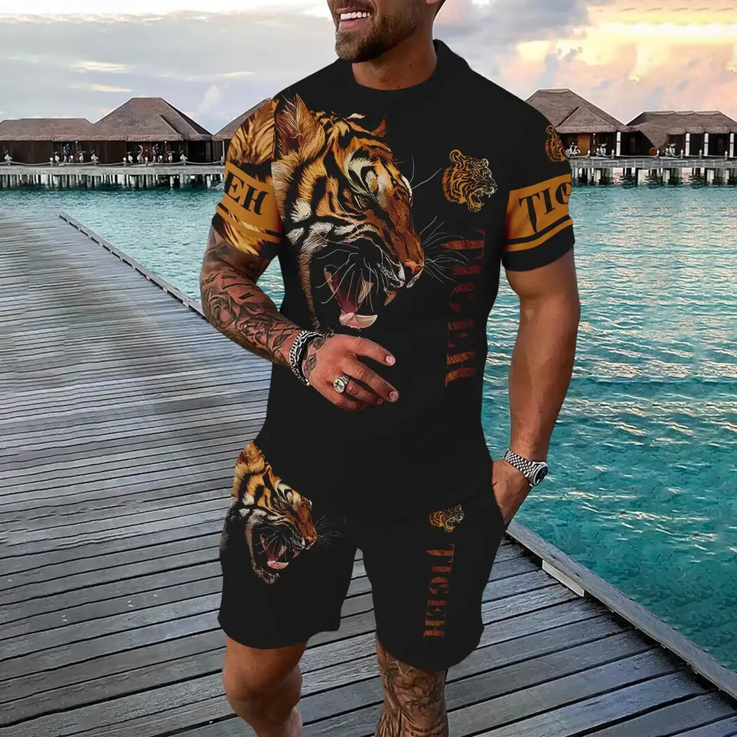 

Men's Tee Sets Animal Print Summer Casual Short Sleeve Pullover LionT-shirts Pants Set Outdoor Male Overszied Clothing
