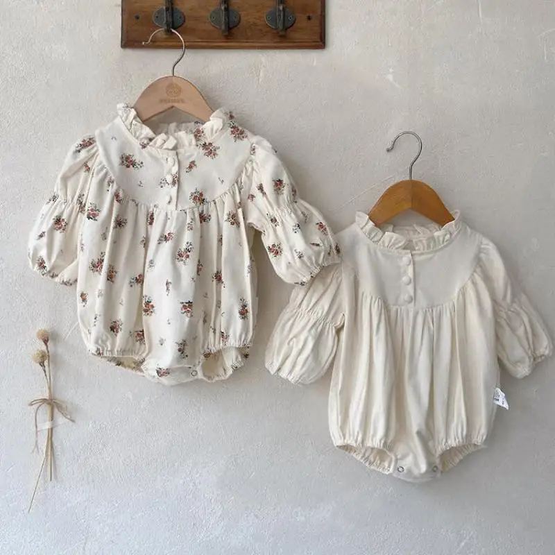 2026 Spring New Baby Girl Long Sleeve Bodysuit Solid Girls Cute Sweet Floral Princess Jumpsuit Cotton Infant Clothes 0-24M