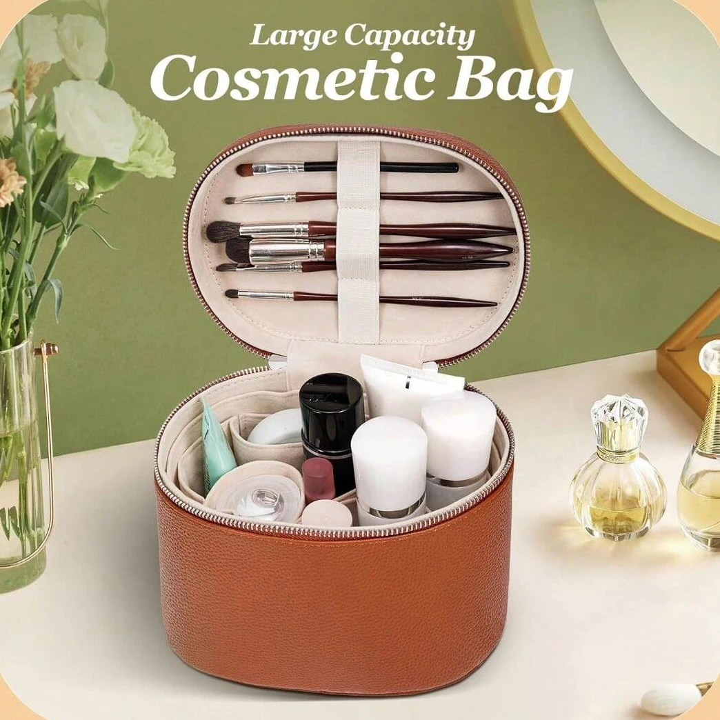 Large Capacity PU Leather Makeup Bag with Removable Organizer Travel Toiletry Pouch Gift for Women