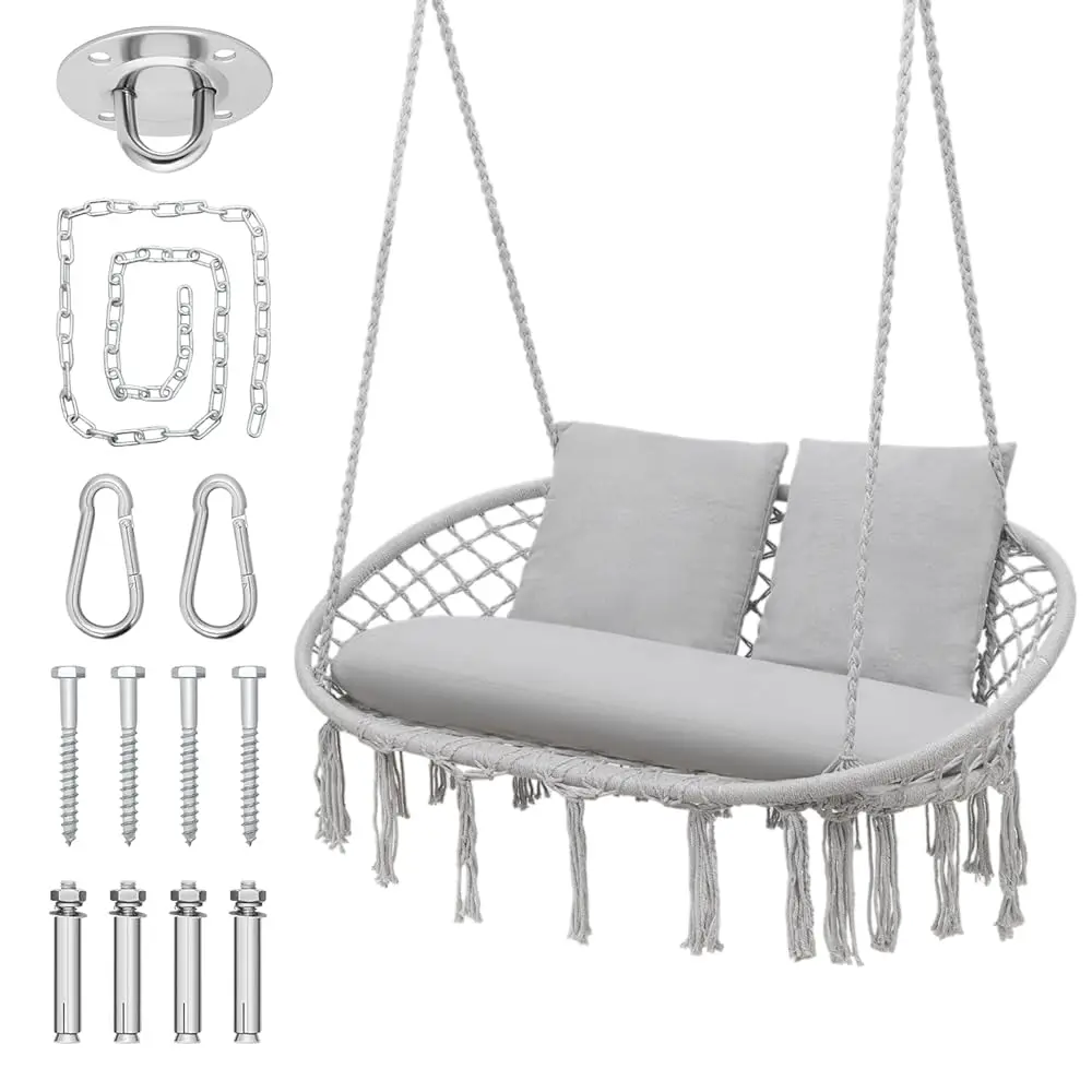 

Outdoor 2 Seat Hammo Chair With 3 Cushion, Indoor/Outdoor Hanging Rame Swing Boho Chair For Adults, Max 700 Lbs Acity Patio