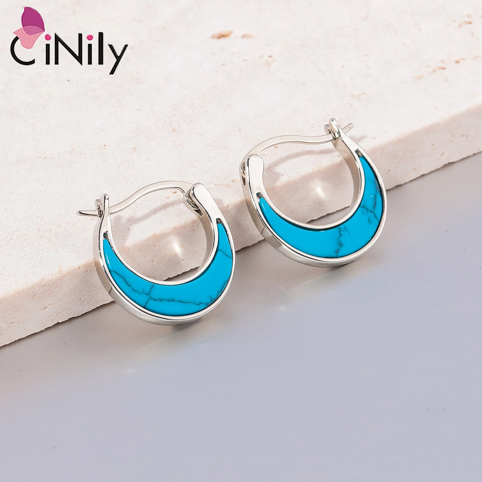 CiNily Exquisite Abalone Shell & Turquoise Hoop Earrings Rose Gold/Silver Plated Moon Shaped Earrings for Women Fashion Jewelry