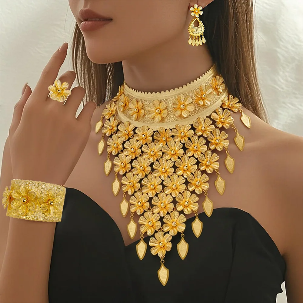 Luxury 24K 9999 Pure Gold real gold Middle East Dubai Bride Flower Necklace Earrings Bracelet Ring Set