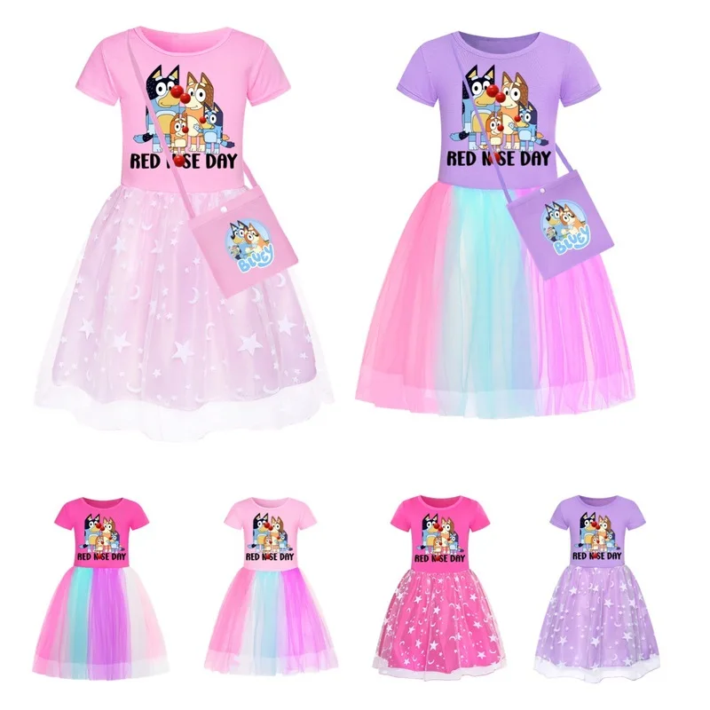 Bluey Pure Cotton T-shirt Hem Mesh Princess Skirt Medium And Large Children's Summer Dress Star Rainbow Lace Skirt Girls‘ Gifts