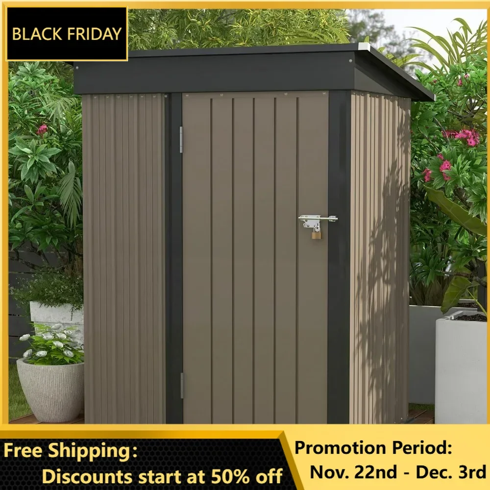 5x3 FT Outdoor Storage Shed, Tool Shed with Sloping Roof and Lockable Door, Metal Shed for Backyard Garden Patio Lawn, Brown