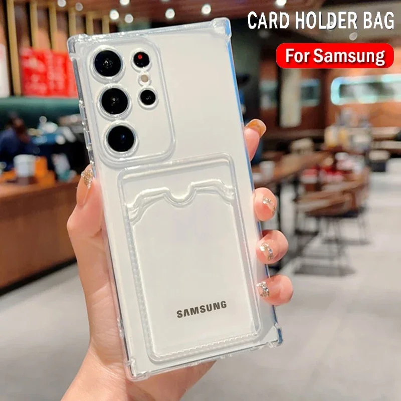 Card Holder Bag Case For Samsung Galaxy S24 Ultra S23 S22 S21 S20 FE Note 20 10 Plus Camera Protect Shockproof Clear TPU Cover