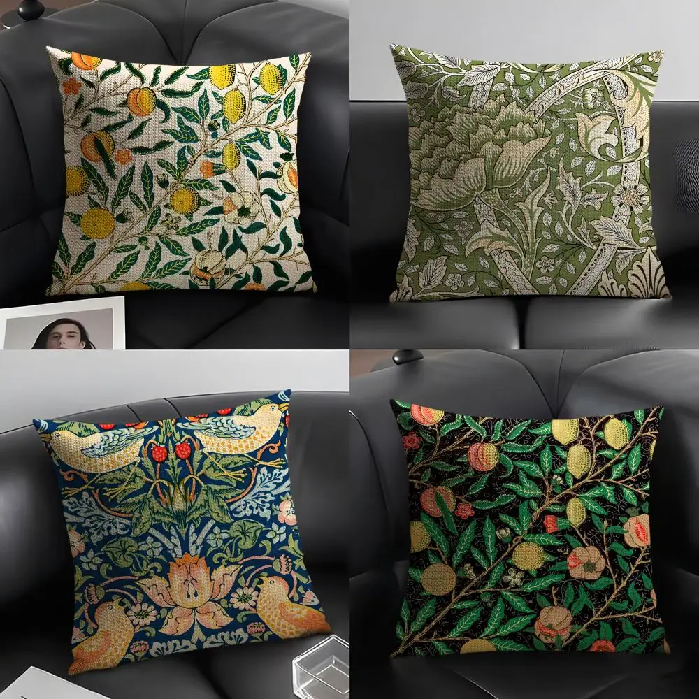 W-William M-Morris art Cushion Cover Natural Linen Organic Fabric Double-Sided Printing Breathable Perfect Gift for Decor