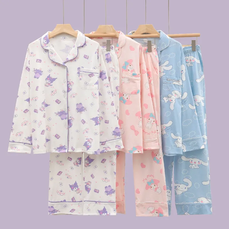 

2023 New Kawaii Sanrio My Melody Kuromi Cinnamoroll Pajamas Suit Clothes Women Sleepwear Top Pants Home Autumn Style Female Set