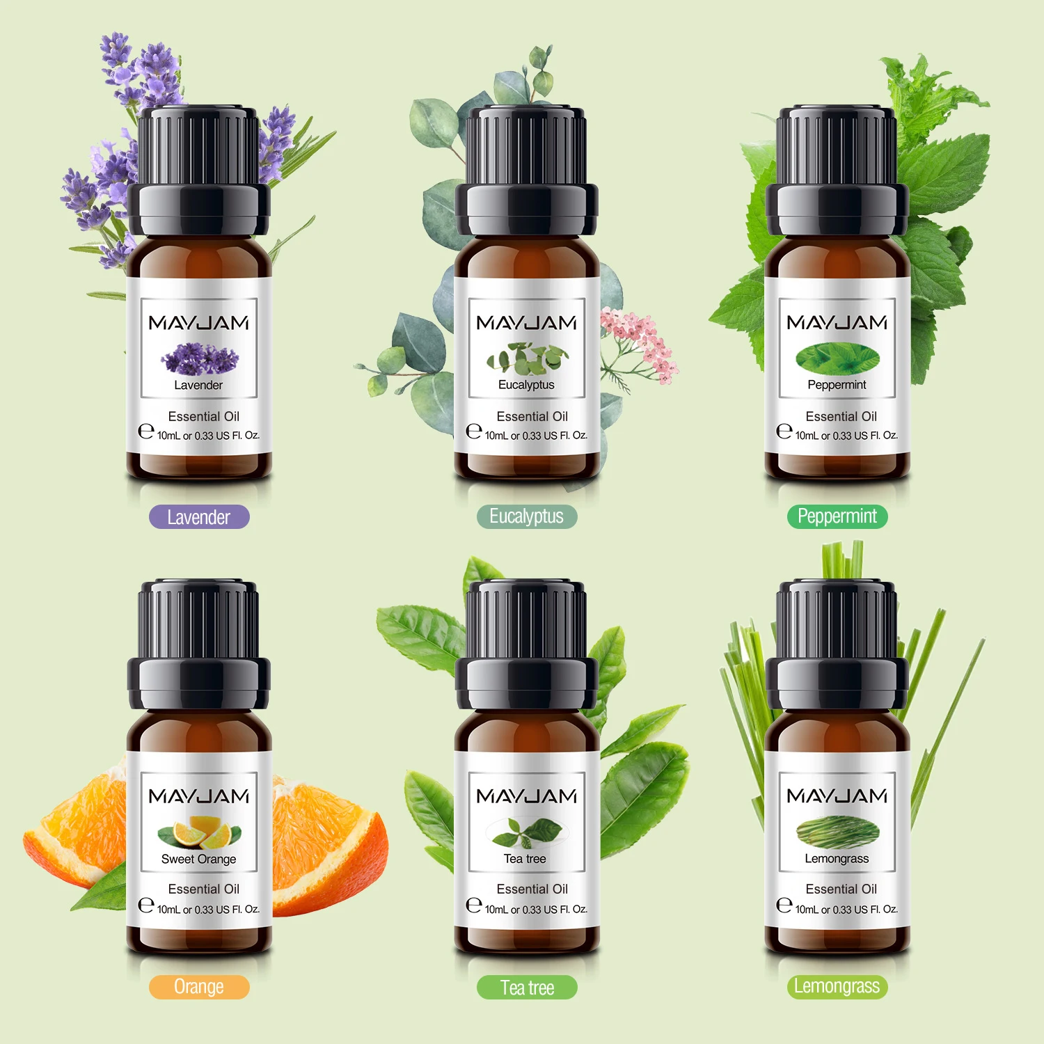 MAYJAM 6x10ml Essential Oils Set Lavender Eucalyptus Peppermint Tea tree Sweet Orange Lemongrass Fragrance Oil Gift Set