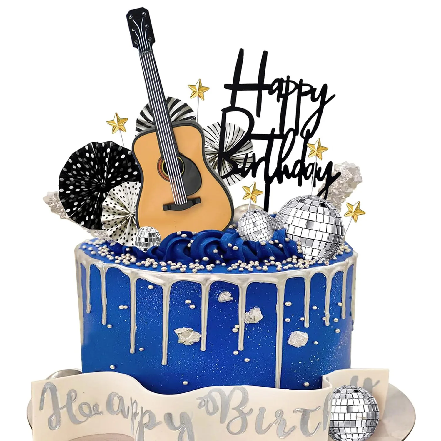 Lukinuo Gitaar taarttopper muziek noot verjaardag taart topper disco bal rock and roll cake cupcake decoratie voor rockstar muzikanten basgitaar jaren 80 retro themafeestbenodigdheden