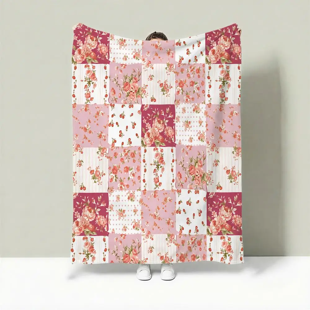 Pink Rose Patch Set Throw Lightweight 240g Flannel Blanket Soft Skin-friendly for Summer Cooling