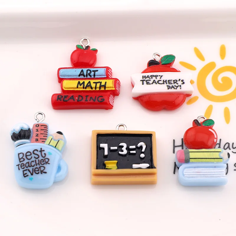 

10Pcs Blackboard Ruler Teacher Day Cartoon Stationery Resin Charms Knowledge Earring Keychain Charm DIY Jewelry Make