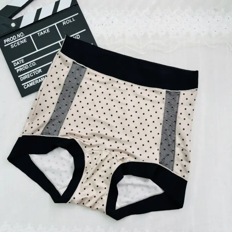 High Waisted Flat-Cut Plus Size Sexy Hollow Women's Underwear Mesh Polka Dot Extended Crotch Soft Comfortable Breathable Briefs