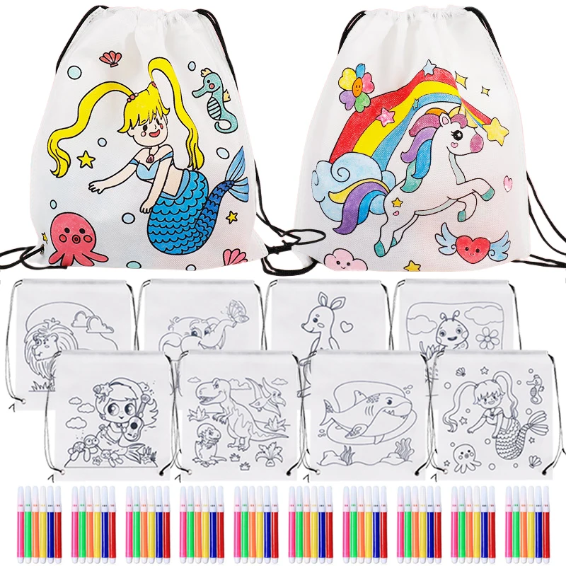Kordelzugbeutel, Vliesstoff mit Marker, Cartoon-Muster, Kunsthandwerk, DIY, Ausmalen, verfügbar, Aufbewahrungspaket, Tasche TMZ