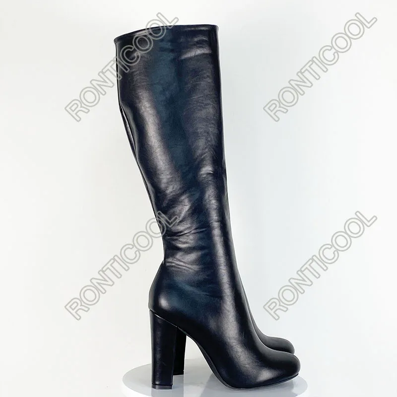 Ronticool 2021 Women Winter Knee High Boots Side Zipper Square High Heels Round Toe Elegant Black Shoes Women Plus US Size 5-15