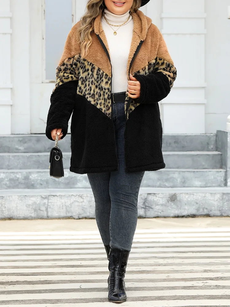 GIBSIE Plus Size Leopard Color Block Zip Up Coat Women 2024 Autumn Winter Fleece Long Sleeve Thicken Warm Jacket Female Outwear