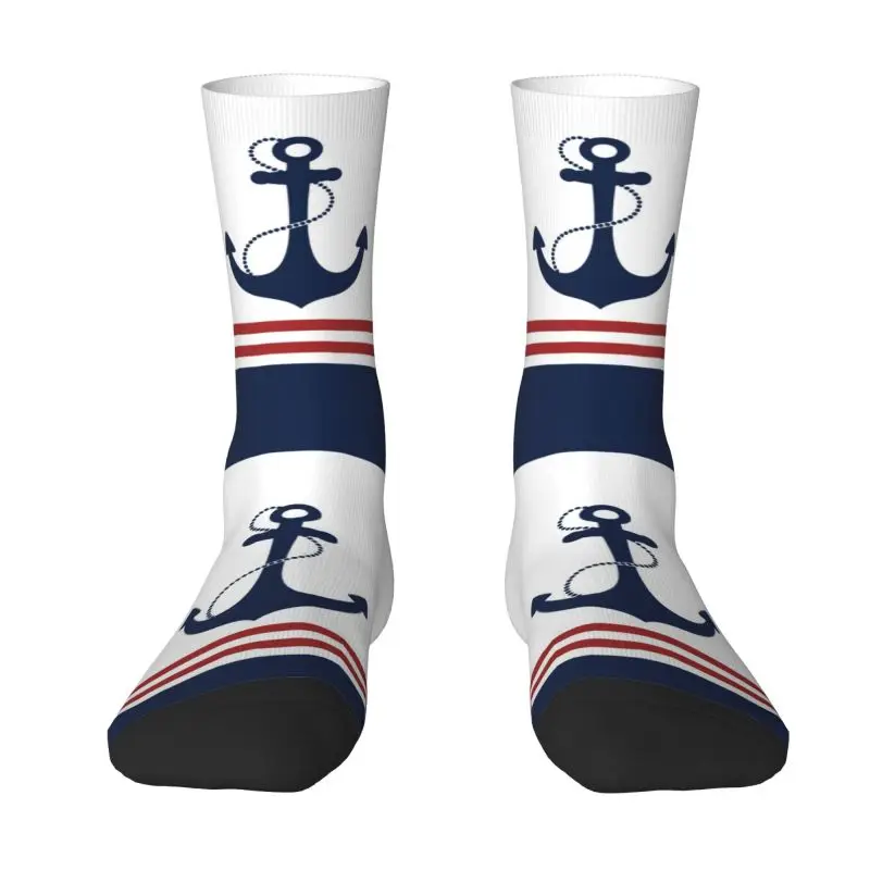 Custom Nautical Navy Blue Anchor With Stripes Mens Crew Socks Unisex Fun Sailing Sailor Spring Summer Autumn Winter Dress Socks