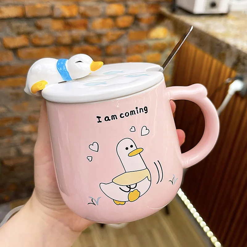 New Swimming Duck Creative Cup Female Cute with Lid Spoon Ceramic Cup Simple Fresh Super Cute Children's Milk Coffee Oatmeal Cup