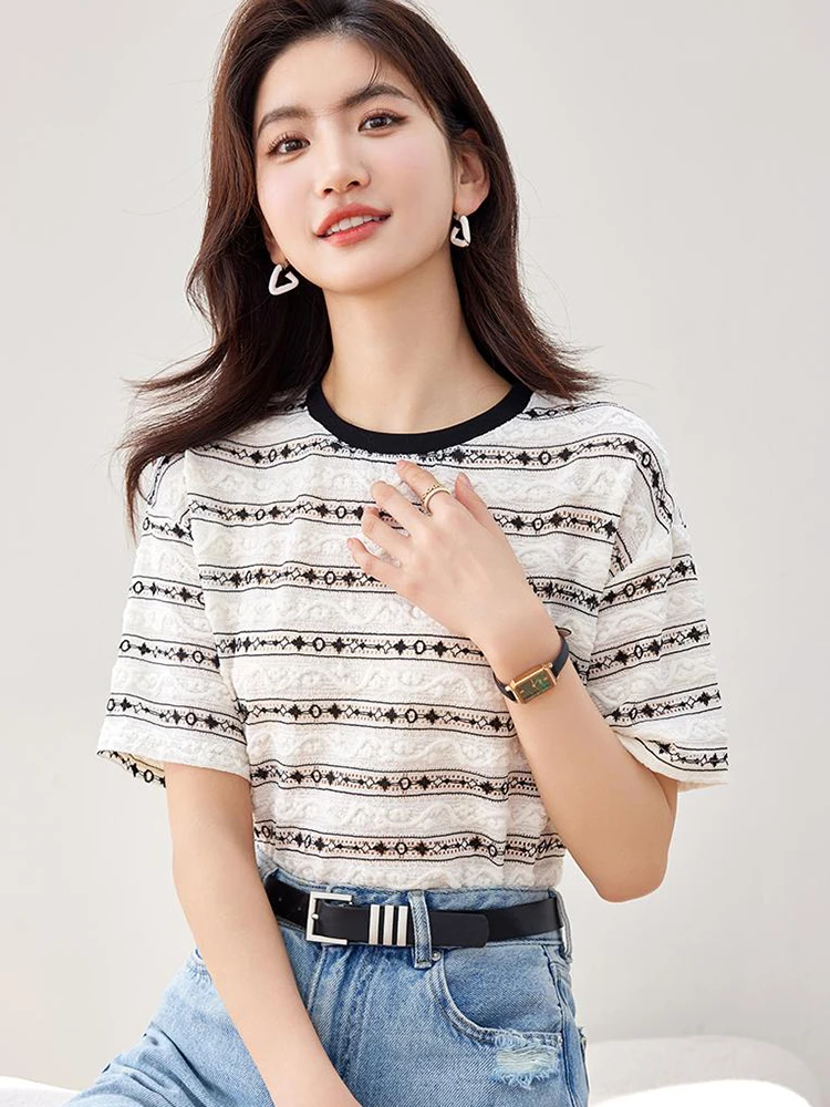 مخطط تي شيرت المرأة عادية تنوعا التي شيرت الصيف الجولة الرقبة تي شيرتات قصيرة الاكمام الكورية موضة فضفاضة