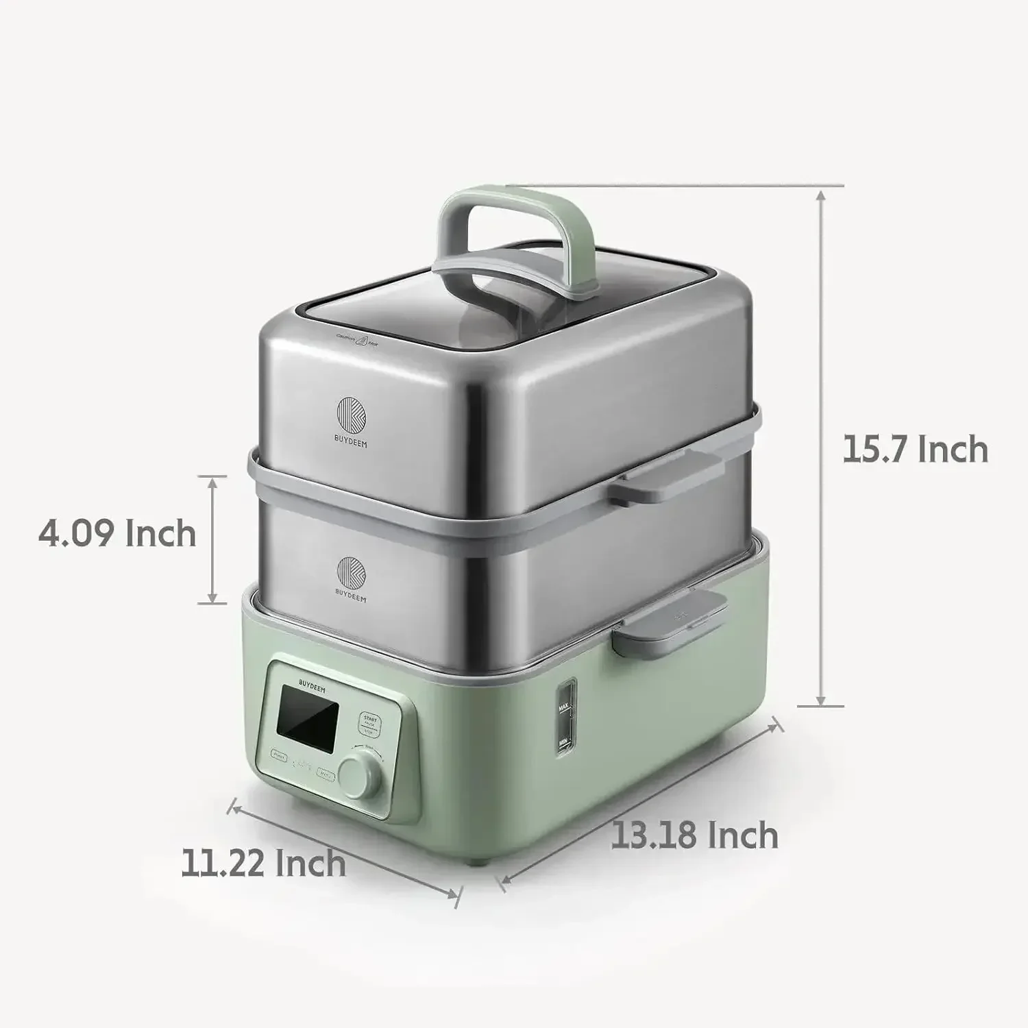 BUYDEEM G563-A501 Electric Food Steamer for Cooking, 2 Tire Stainless Steel Steamer with Slow Cook Mode, 1500W, 10-Quart, Green