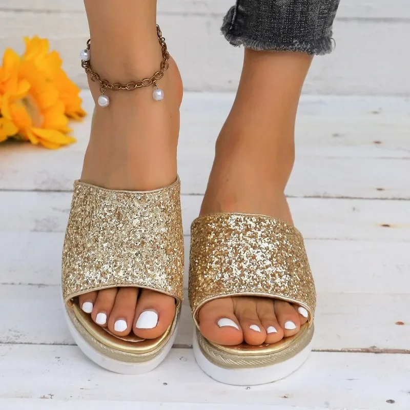 2024 brand Ladies Shoes Plus Size Women's Slippers Fashion Sequins Casual Slippers Women New Peep Toe Wedge Slippers zapatos