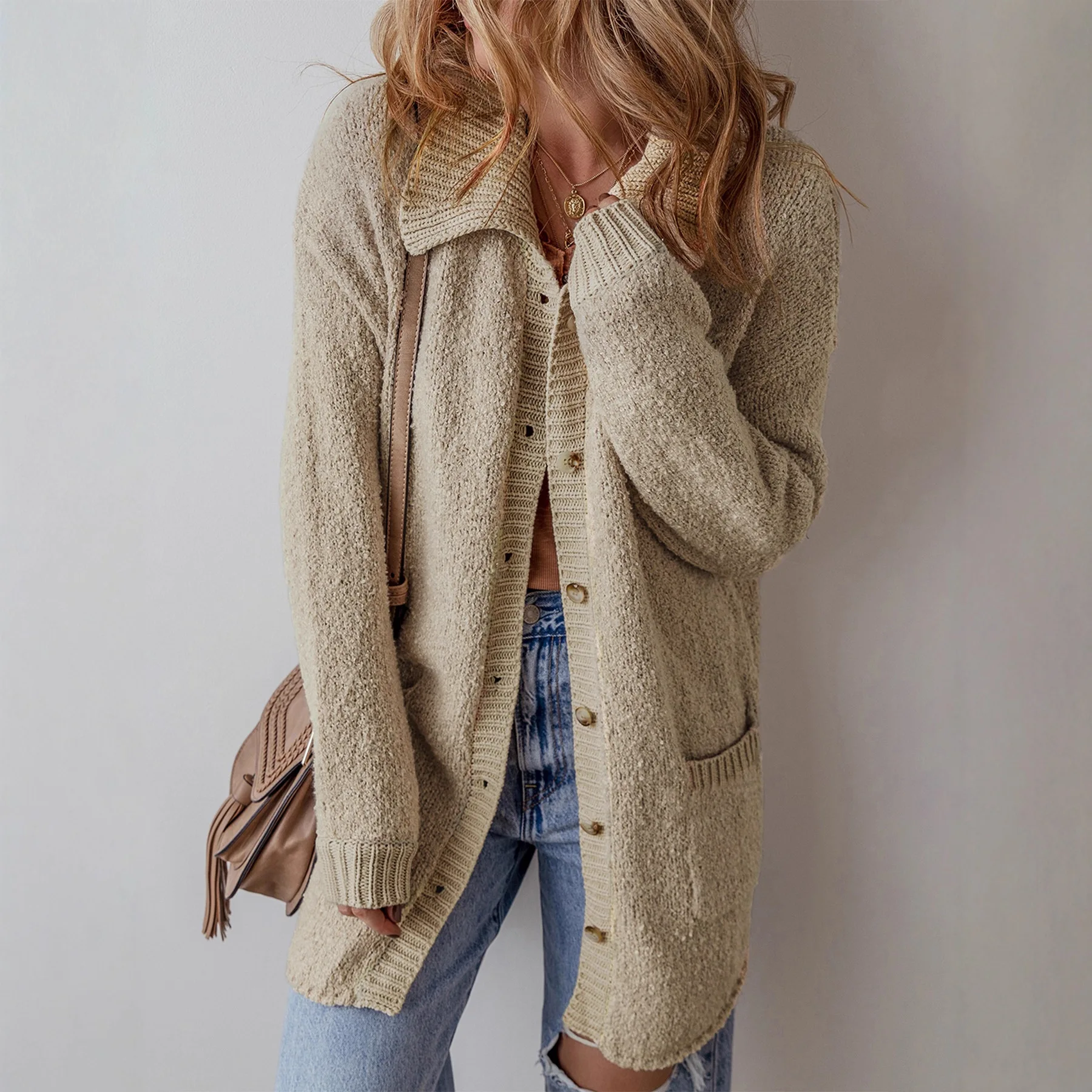 

Slouchy-Style Women's Autumn Cardigan Vintage Lapel Knitted Long Female's Knitted Sweater Single Breasted Streetwear For Lady
