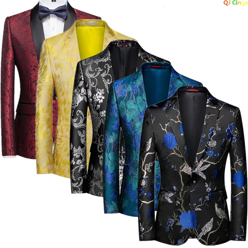 

Осенний черный мужской пиджак с длинными рукавами, пальто с вышитым узором синего золота, топ для свадьбы/вечеринки/сценического выступления.