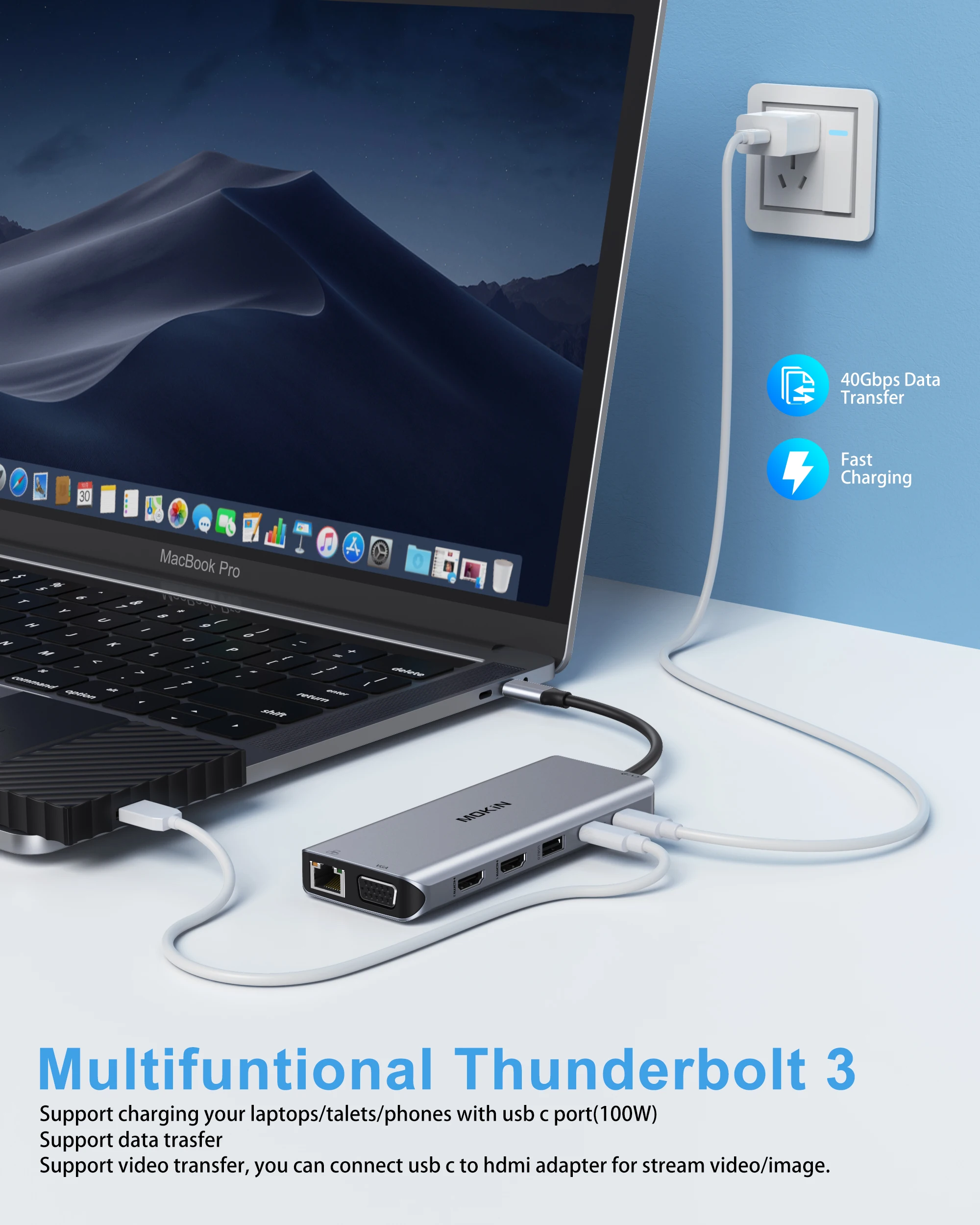 MOKiN Dual HDMI USB Hub Type C Hub 4K60Hz VGA Gigabit Docking Station 3 USB 3.0 SD/TF PD100W Adapter for MacBook Pro Air M1 M2 image 6