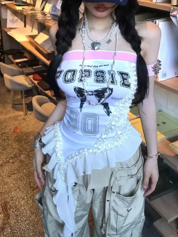 חולצת קרופ טופס קוריאנית מתוקה ומגניבה בסגנון הראג'וקו עם קשירת קשת גותית ללא שרוולים