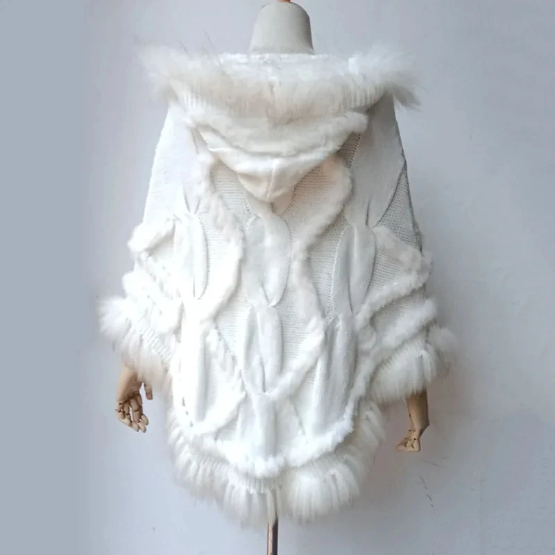 Women Cashmere Knitted Real Rabbit Fur Hooded Poncho Loose Warm Winter Ladies Plus Size Knitted Real Fur Cape With Hood