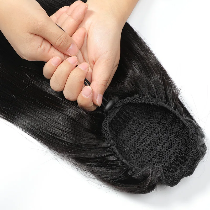 100g Drawstring Human Hair Ponytails Natural Straight Ponytail For Women Dark Brown 1B/99J Increase Hair Volume