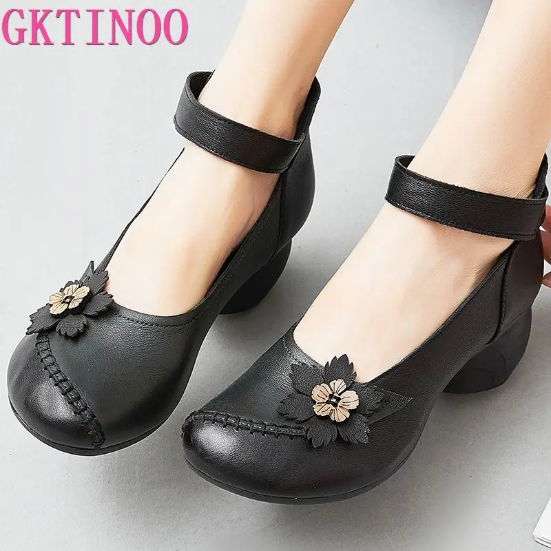 GKTINOO Pumps Women Shoes 2024 New Autumn Genuine Leather Hook & Loop Round Toe Retro High Heels Handmade Leisure Ladies Shoes