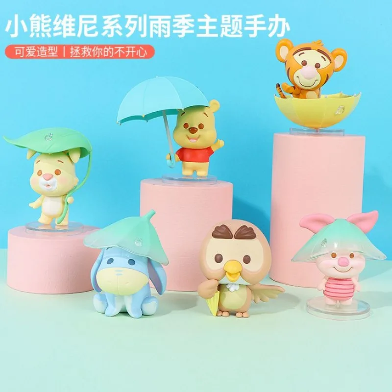 MINISO 블라인드 박스 위니 푸 시리즈 비오는 계절 테마 모델 인형 카와이 애니메이션 주변기기 어린이 장난감 크리스마스 선물