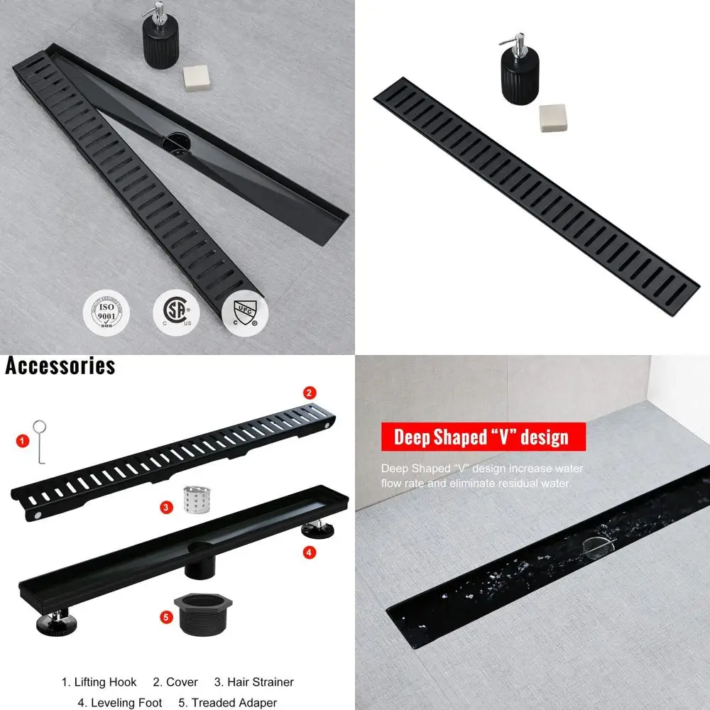 

36 Black 304 Stainless Steel Shower Drain with Removable Grate and Hair Strainer, Adjustable Feet