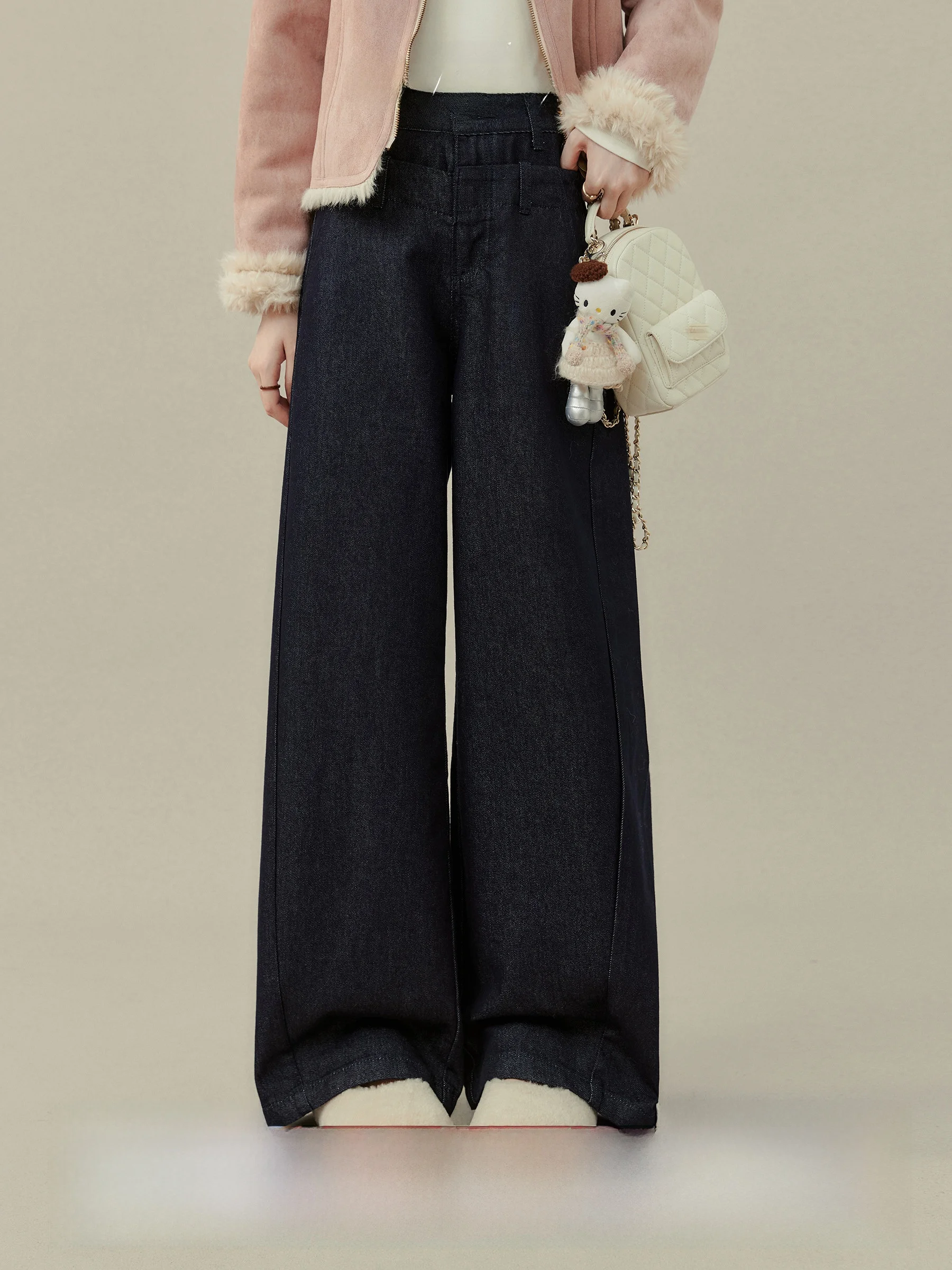 

Wide Leg Straight Cut Loose Women's Jeans Deep Blue Casual Trousers Autumn New Arrival Qiu Jing High Waist Button Closure