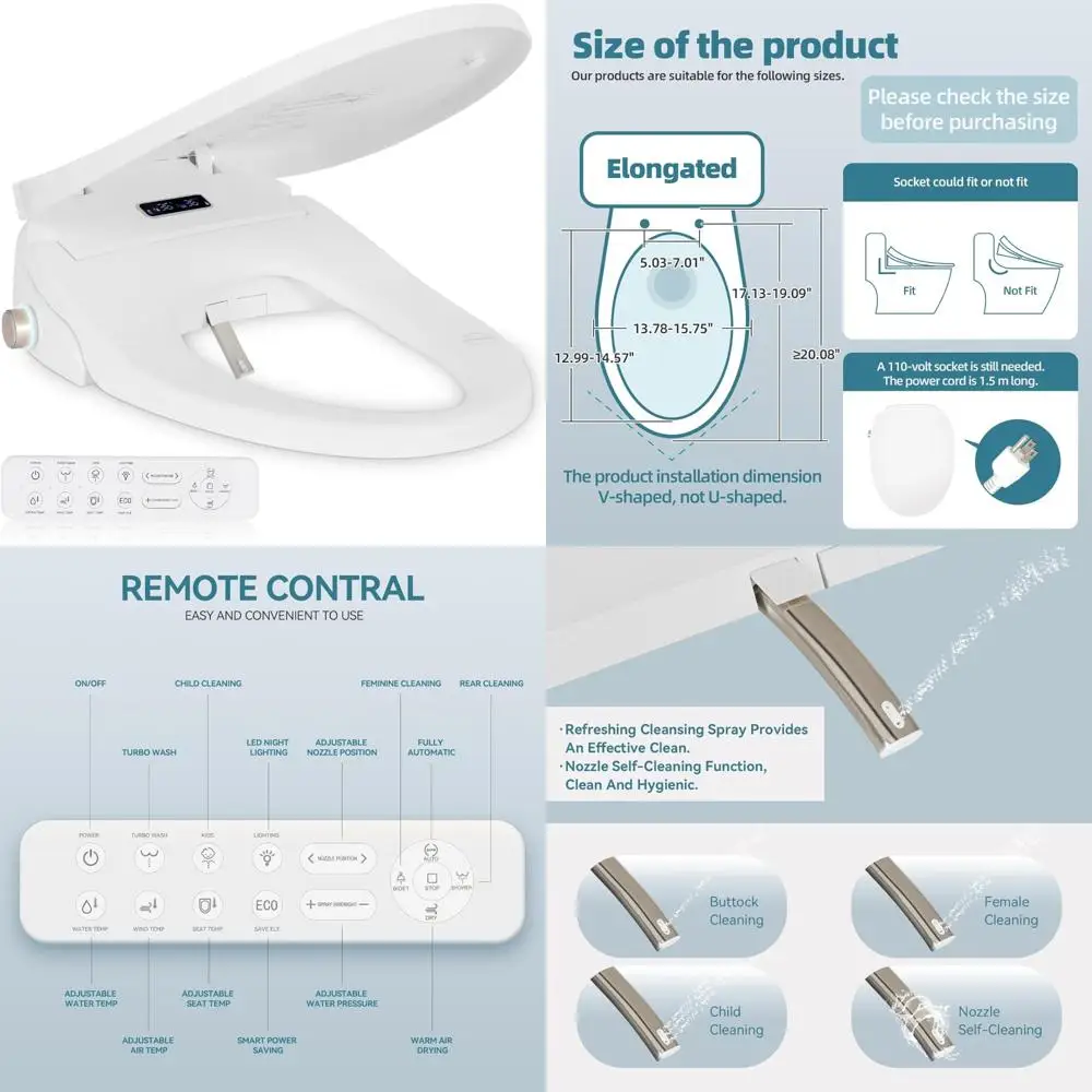

Удлиненное V-образное электрическое сиденье для унитаза для биде с подогревом сиденья, распылением теплой воды, сушилкой, передней и задней мойкой и самоочищающейся