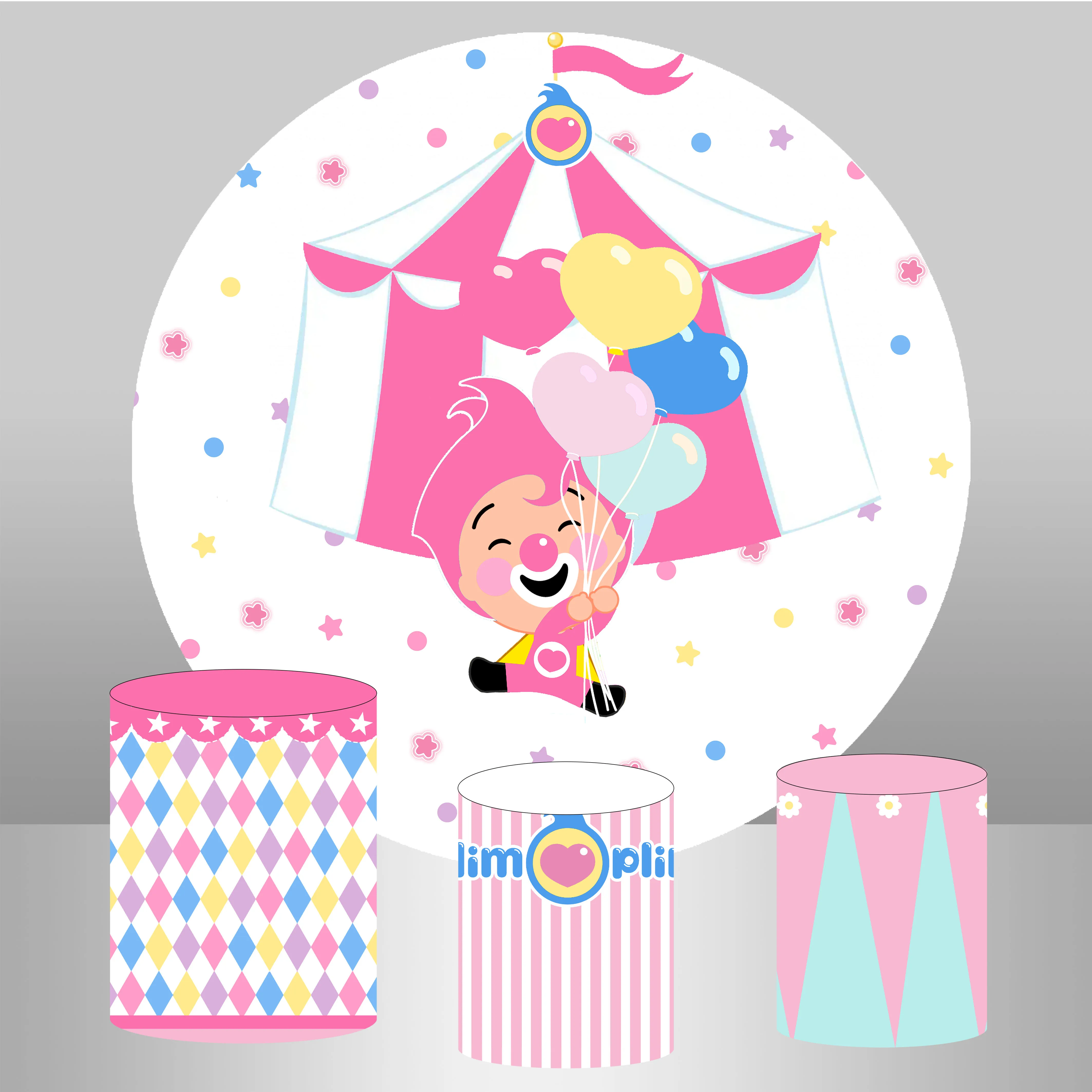 

Plim Plim Birthday Elastic Round Backdrop Baby Shower Pink Circus Background Three Cylinders Background Circle Columns Covers