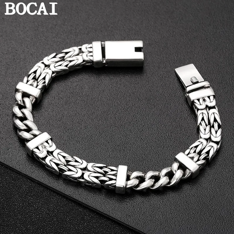 BOCAI NEW S925 Sterling Silver Vintage Personality Peace Pattern Buckle Men's Bracelet