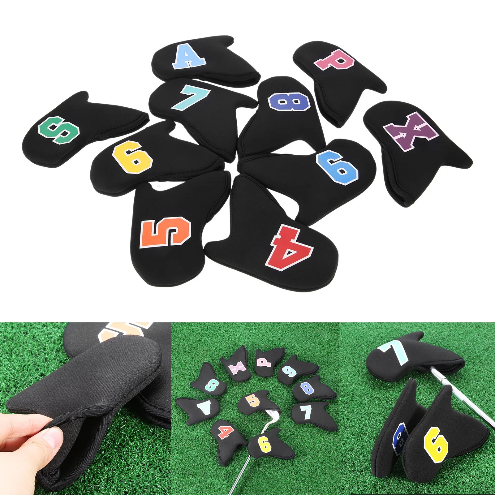 

10Pcs/Set Black Golf Iron Headcovers 14x10.5cm Neoprene Soft Durable 4-9,P,A,S,X Club Head Protective Cover Golf Training Aids