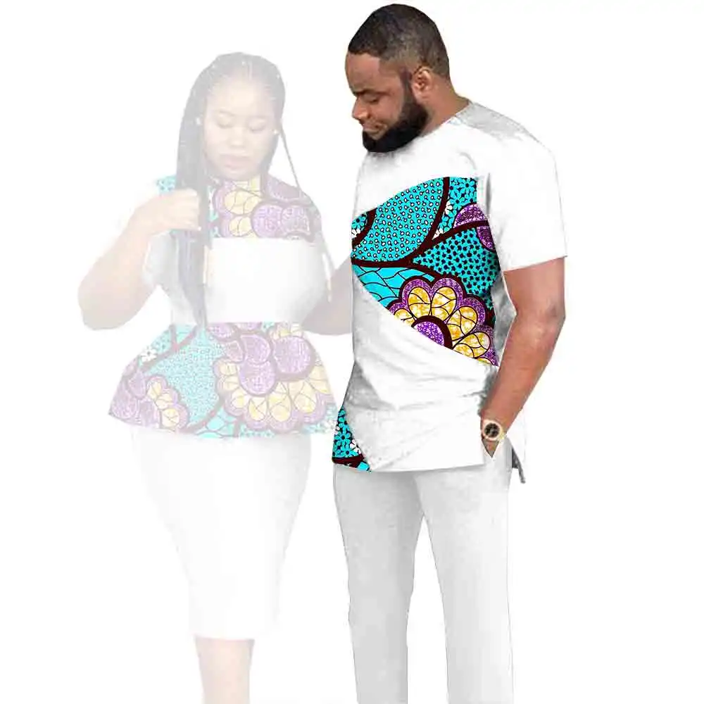 African Clothes for Couples Dashiki Women Patchwork Print Dresses Matching Men Outfit Top and Pants Sets Love Party Wear S20C010