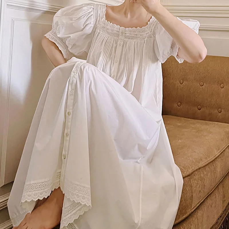 Pinkgoddess Summer French Square Neck Short Sleeved Long Nightgown Women's Retro Palace Princess Pajamas Home Wear