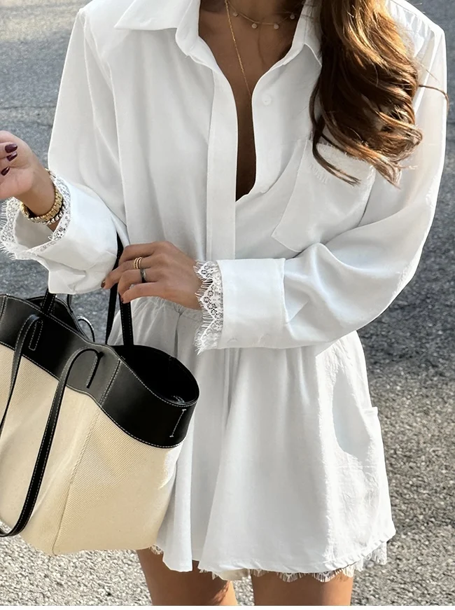 Csa Fena Casual de Manga Longa com Detalhes em Renda Estilo Hebe, Modelo Novo de Início de Outono, Saia em Patchwork, ...