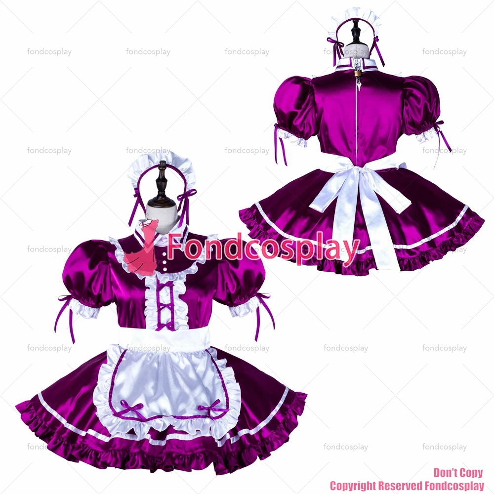 

fondcosplay adult sexy cross dressing sissy maid Purple satin dress lockable Uniform white apron costume CD/TV[G2251]