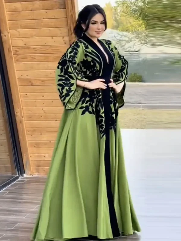 Female Fashion Elegant Appliques Tied Waist A-Line Evening Maxi Dresses V-Neck Flared Sleeves Muslim Robe Dress