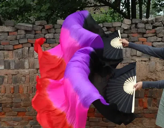 

Customized Black Start Silk Fan Veils Folding Long Fan Belly Dace Stage Performance Props Purple Pink Gradient