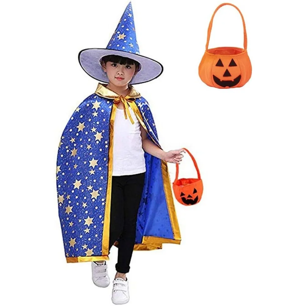 Peleryna czarodzieja, płaszcz czarownicy z kapeluszem i torbą z dynią, rekwizyty kostiumowe na Halloween dla dzieci na imprezę cosplay