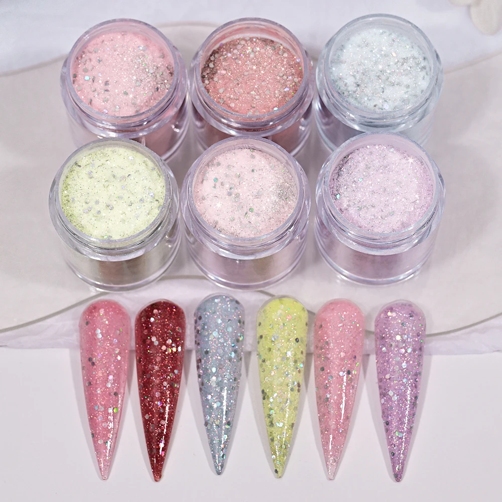 Pó acrílico 3 em 1 nude/rosa para arte em unhas, 6 peças, glitter, cristal fino, pigmento de imersão para mulheres, manicure, salão de beleza, extensão/gravura