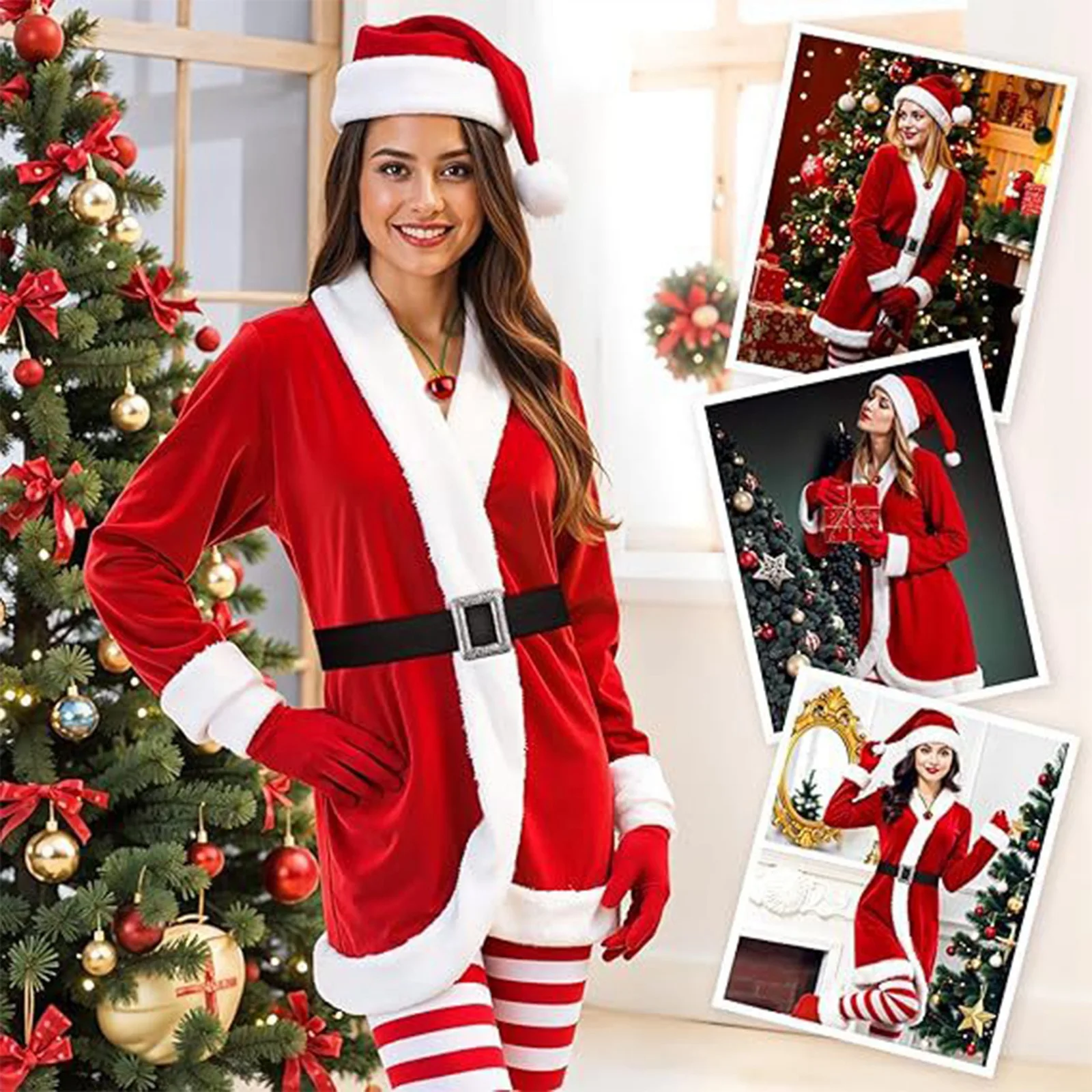 Costume de jeu de rôle de noël pour femmes, en velours doré, à capuche, robe de spectacle, jupe de noël d'hiver