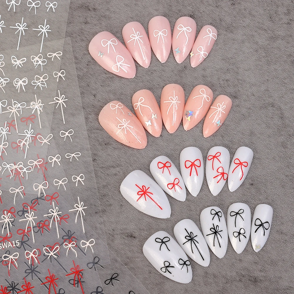 1/5 Stuks Mini Strik Ontwerp Nail Art Sticker Zelfklevend Zwart Wit Roze Rode Kanten Linten Strik Stickers Diy Nail Art Decoratie