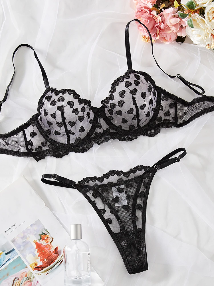 Women Sexy Bra Brief Set Lace Embroidery Heart-shape Romantic Lingerie Fairy Seamless Underwear See Through Exotic Set Bra Sets