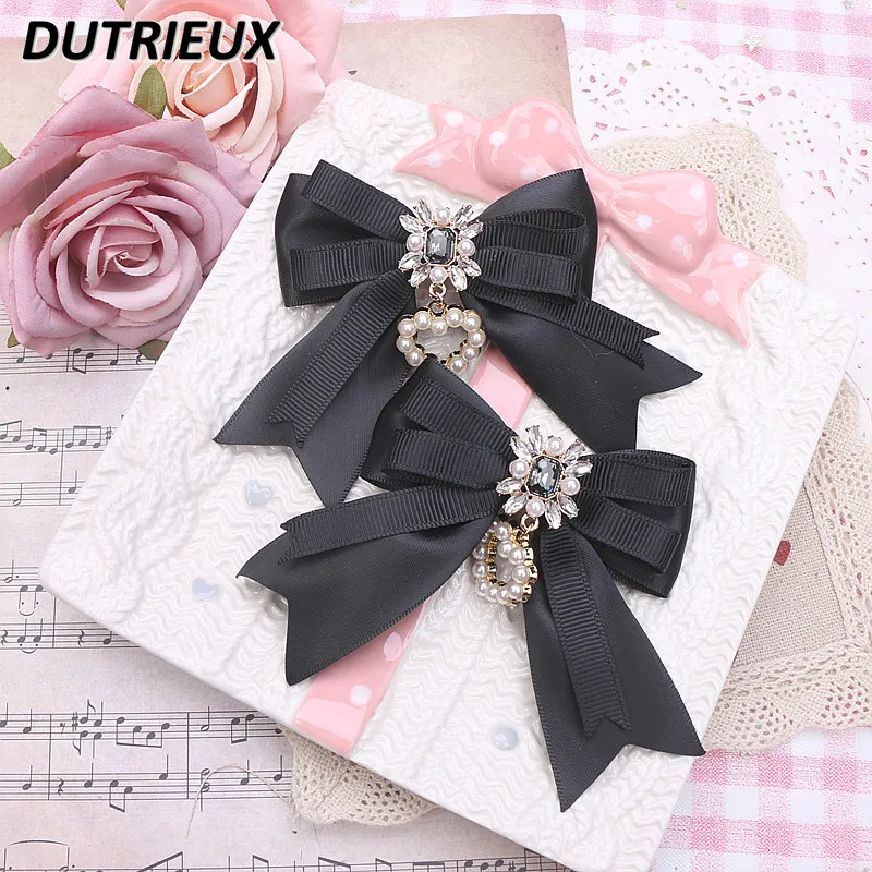 

Handmade Japanese Style Sweet Cute Hair Accessories Lady Rhinestone Love Pearl Pendant Barrettes Side Clip a Pair of Hairclips